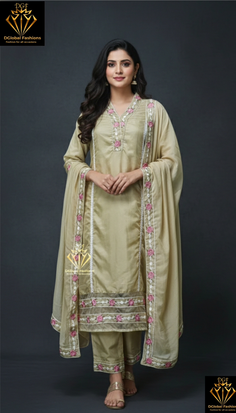 Cotton Silk Kurta pants & Dupatta set with resham embroidered organza patch and lace work