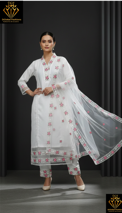 Cotton Silk Kurta pants & Dupatta set with resham embroidered organza patch and lace work