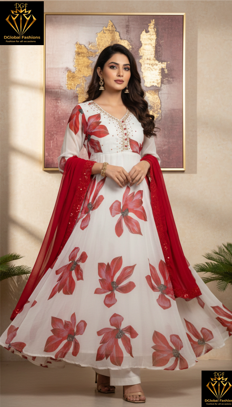 Georgette Floral Print Anarkali Suit Set with Pants & Dupatta
