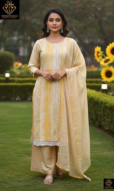 Cotton Lace Work Kurta Palalzzo Suit Set with Dupatta