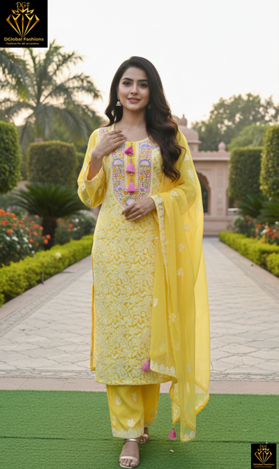 Lucknowi Chikankari Kurta Set with Dupatta – Parsi Gara Embroidered Neckline