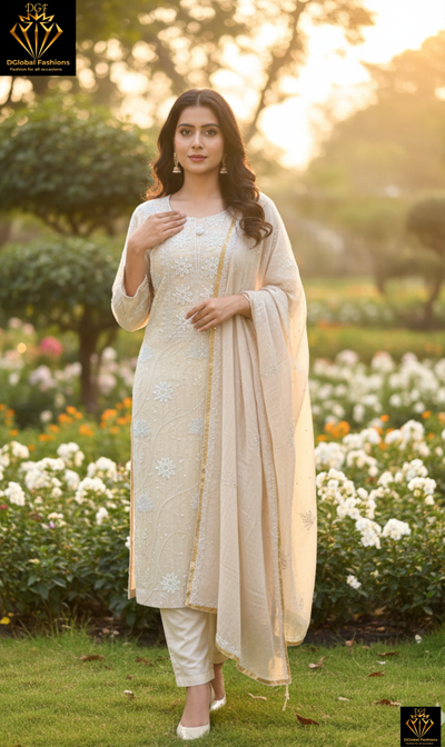 Mul Chanderi Lucknowi Chikankari Suit Set with Handwork & White Pulp Detailing