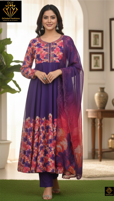Purple Floral Organza Anarkali Set for Women