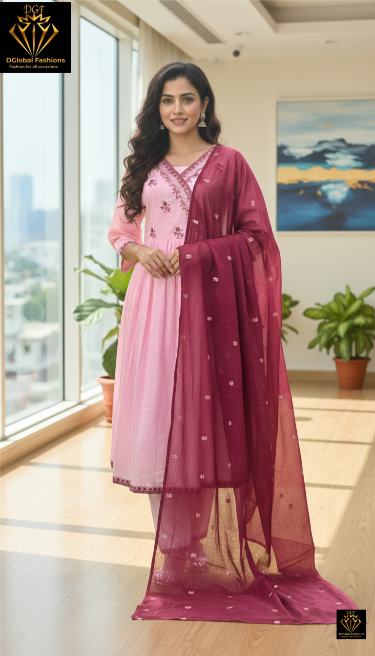 Elegant Pink Cotton Embroidered Suit Set with Maroon Dupatta