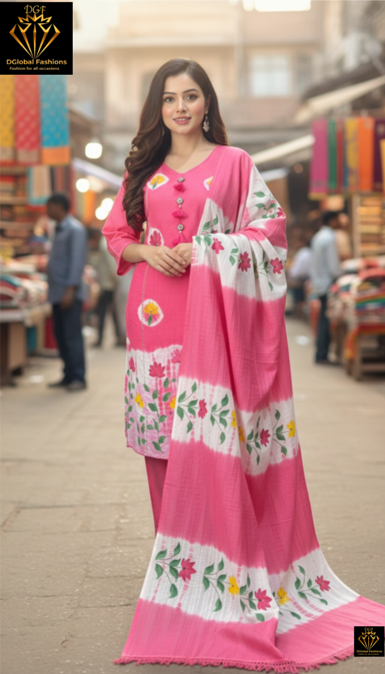 Cotton Dobby Hand-Brush Painted Kurta Pant Set with Dupatta
