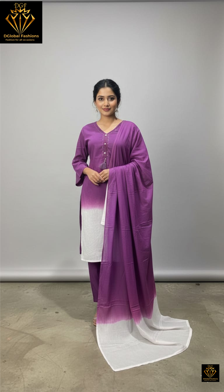 Pure Cotton Ombre Effect Kurta Pant Set with Dupatta