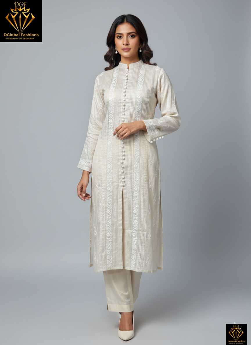 Lucknowi Chikankari Tissue Shimmer Sherwani-Style Kurti & Pant Set