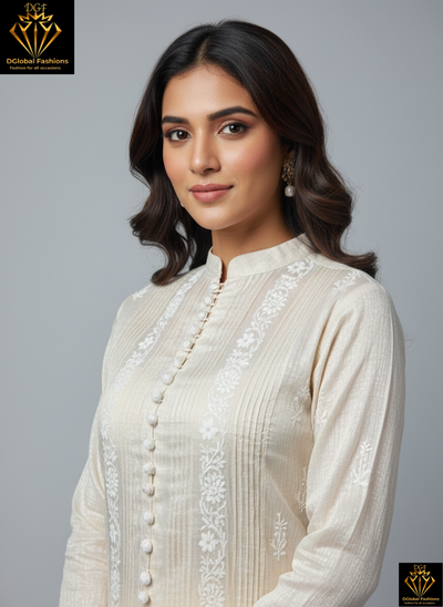 Lucknowi Chikankari Tissue Shimmer Sherwani-Style Kurti & Pant Set
