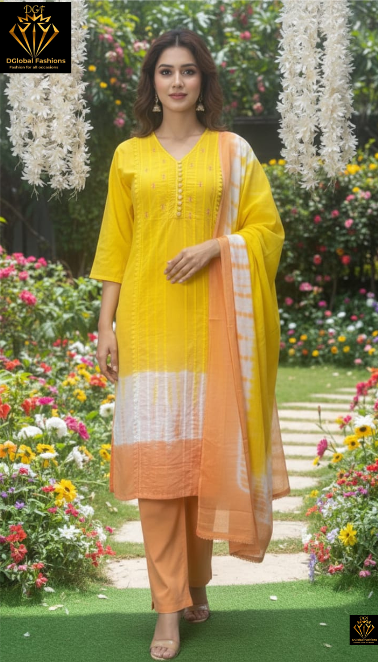 Tie & Dye Cotton Straight Kurta Set with Pants & Dupatta