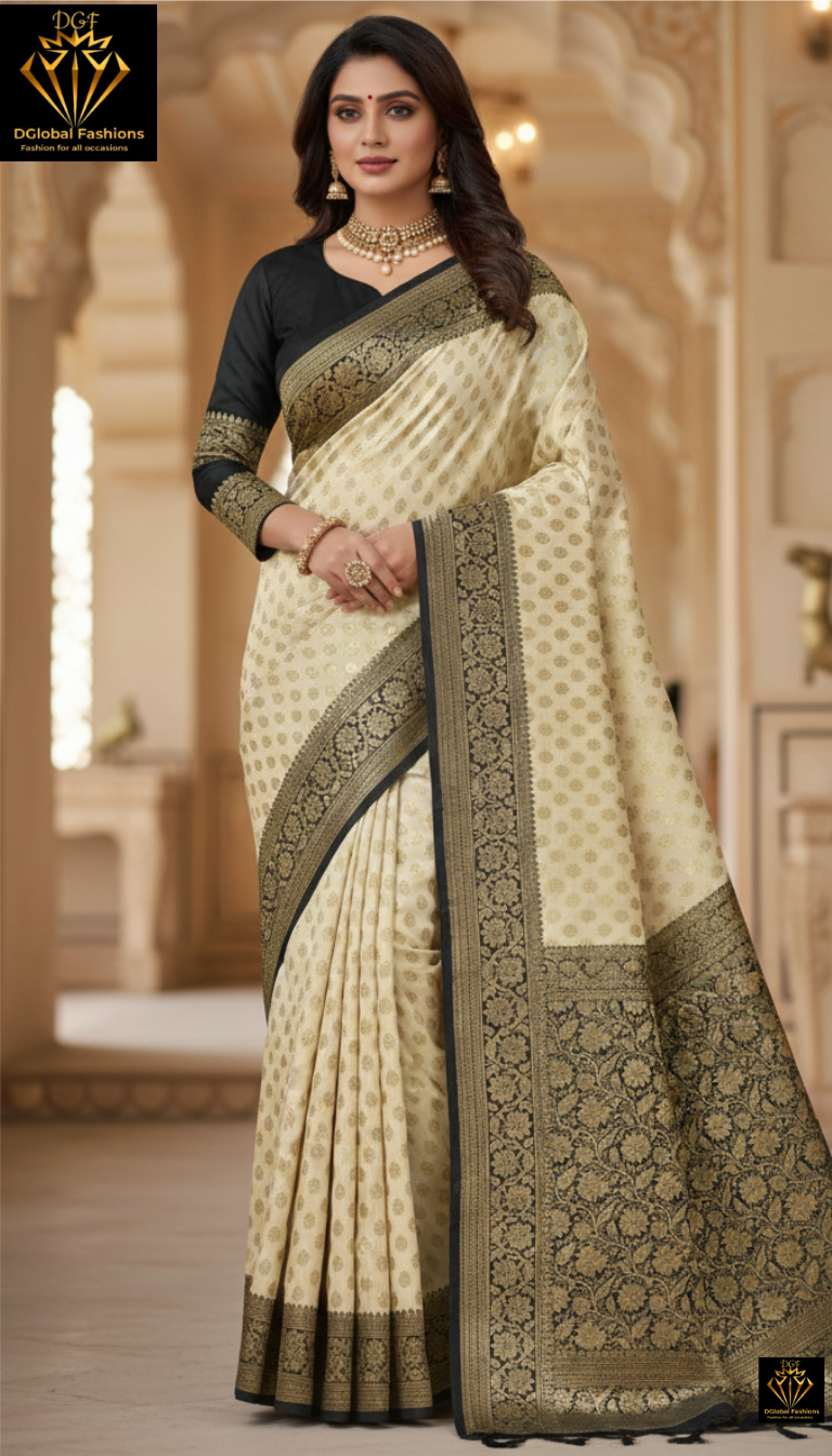 Off-White and Black Saree