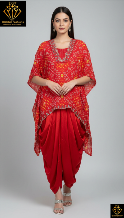Red Bandhani Indo-Western Georgette Cowl Dress with Pearl, Cutdana & Sequin Work