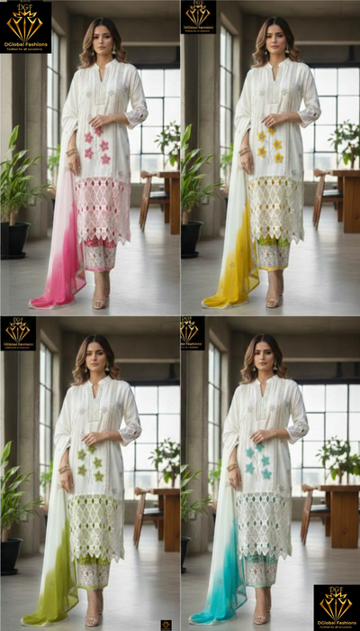 Embroidered kurta set with printed pants and dupatta