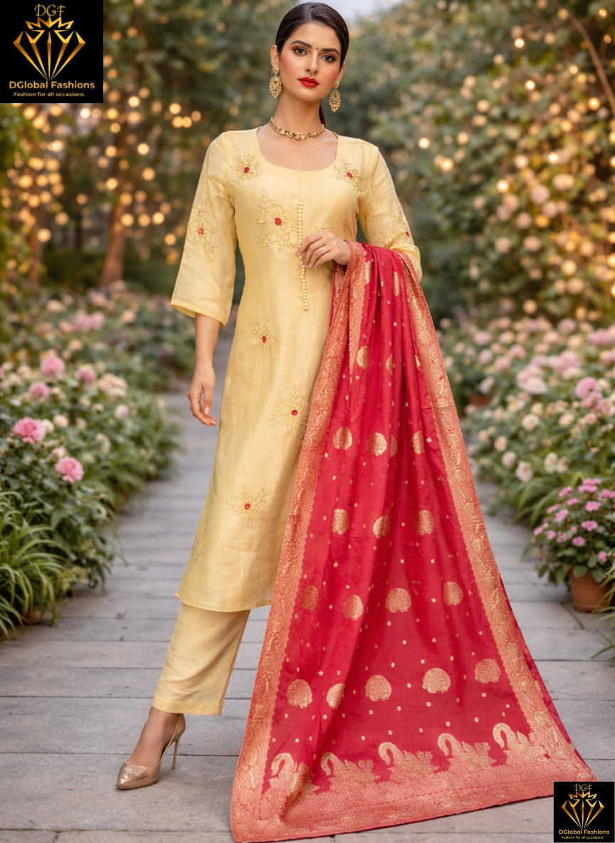 A-Line Mul Chanderi Kurta Set with Banarasi Dupatta & Pearl Cutdana Work