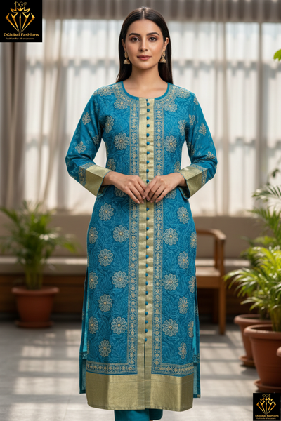 Lucknowi Chikankari Sherwani-Style Shadow Work Kurti in Kota Doriya with Zari Panel & Border