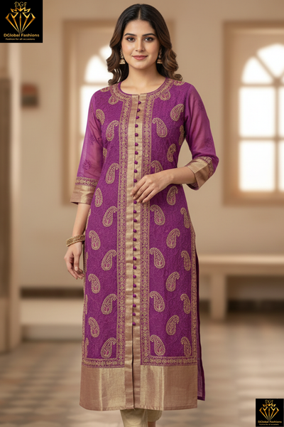 Lucknowi Chikankari Sherwani-Style Shadow Work Kurti in Kota Doriya with Zari Panel & Border