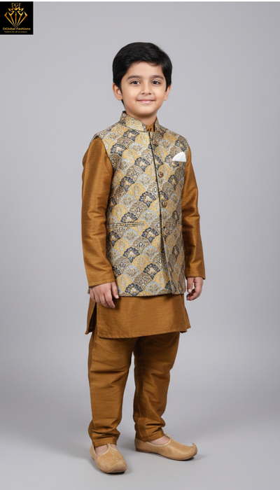 Boys Floral Embroidery Mandarin Collar Straight Kurta Set with Pyjama