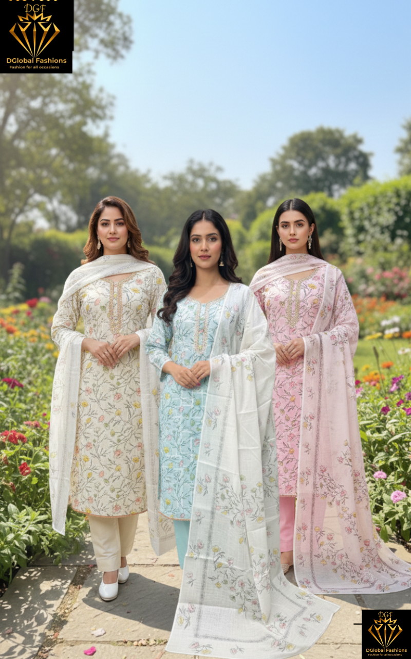 Cotton Suit Set with Neck Embroidery