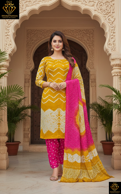 Modal Silk Hand Shibori Leheriya Bandhej Unstitched Suit Set