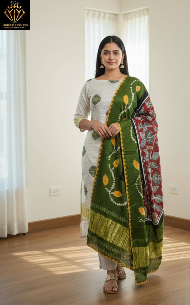 Modal Silk 2-Piece Set with Kalamkari Shibori & Bandhej Dupatta