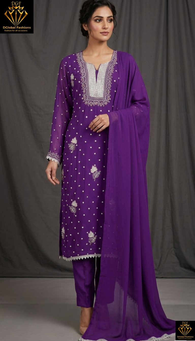 Lucknowi Chikankari Suit Set in Viscose Georgette with Cutdana & Pearl Handwork