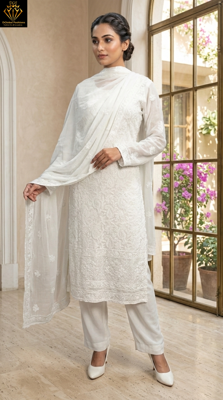 Lucknowi Chikankari Viscose Georgette (3-Piece Set) with Handwork Pearl & Cutdana Embroidery
