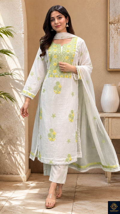 Lucknowi Multi-Thread Chikankari Kurta & Dupatta Set in Kota Fabric