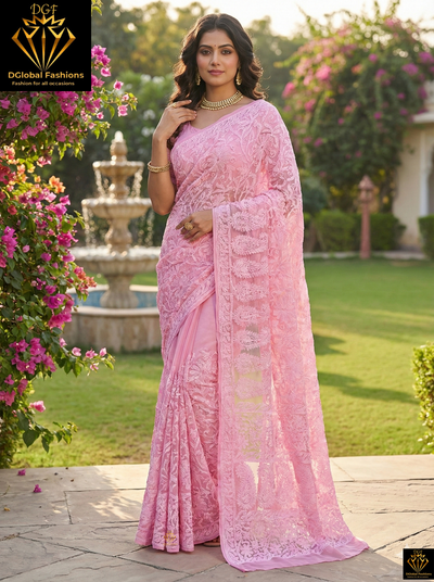 Lucknowi Chikankari Full Jaal Georgette Saree