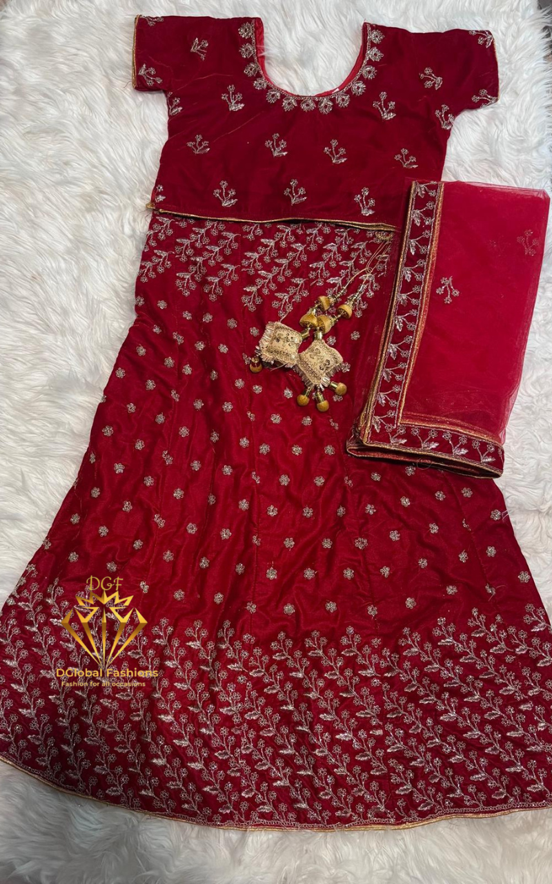 Red Velvet Embroidered Lehenga Set with Dupatta