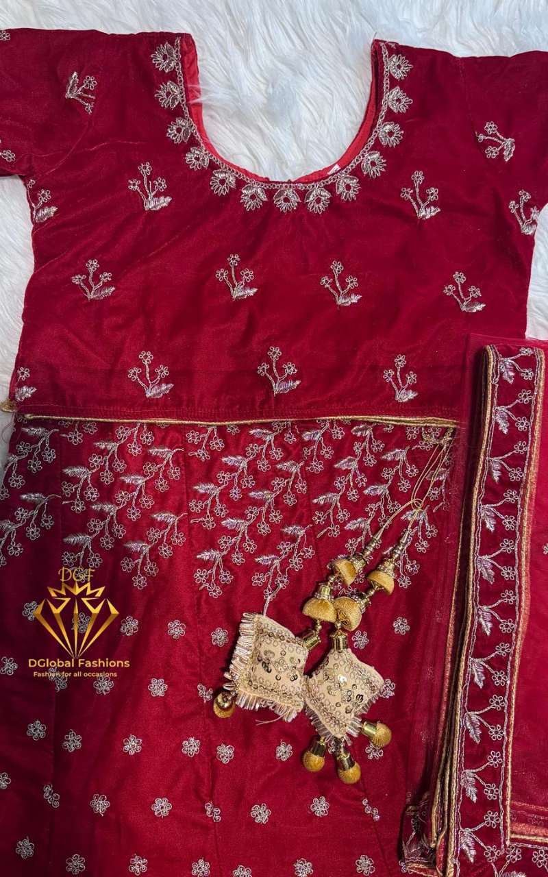 Red Velvet Embroidered Lehenga Set with Dupatta