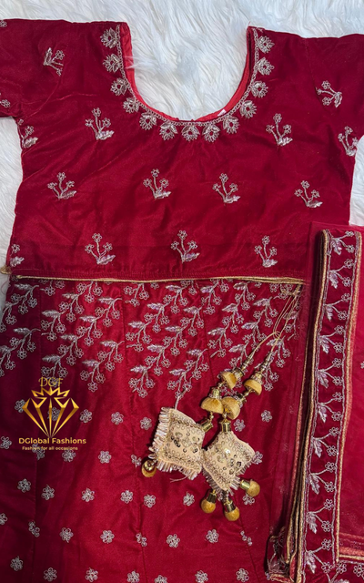 Red Velvet Embroidered Lehenga Set with Dupatta