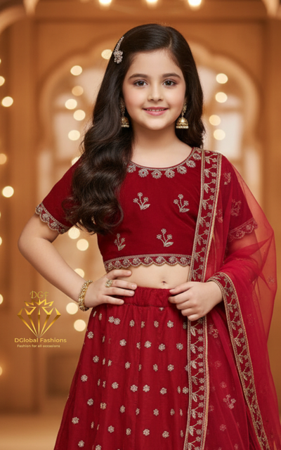 Red Velvet Embroidered Lehenga Set with Dupatta