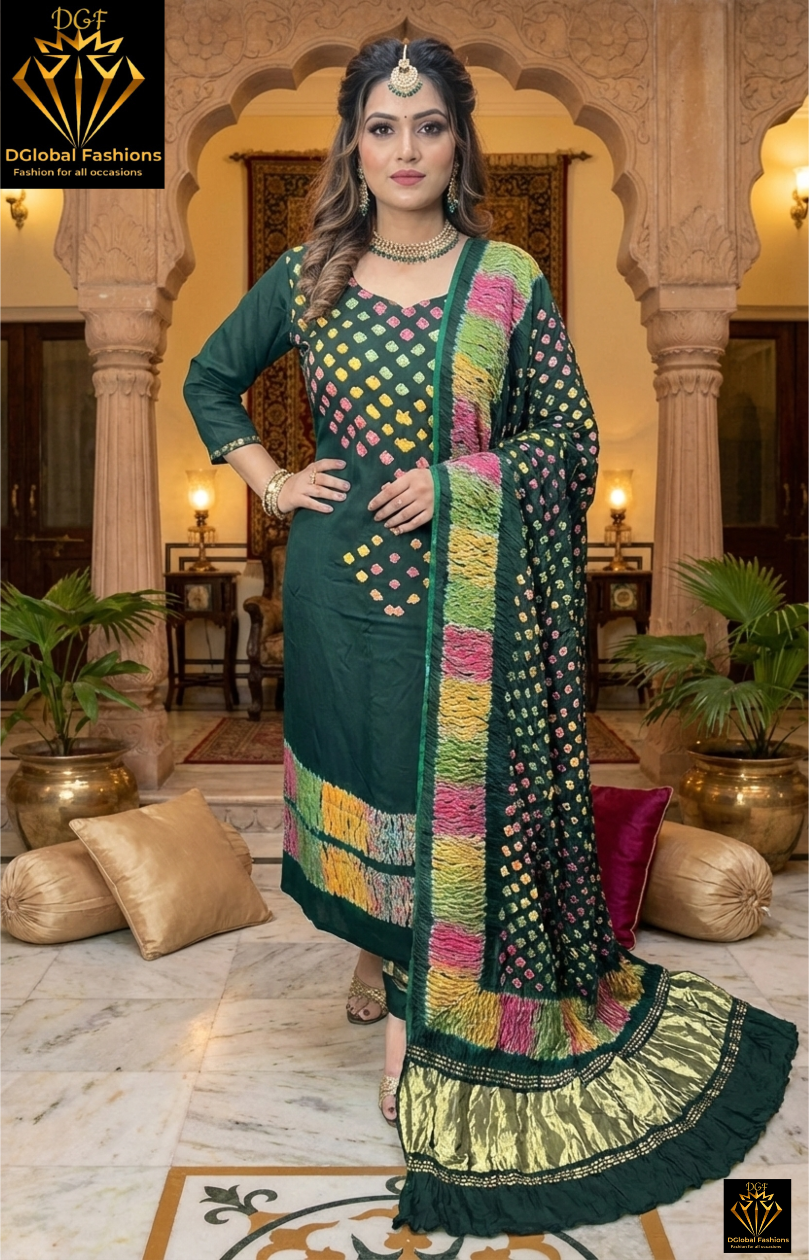 Hand-Dyed Lagdi Patta Modal Silk Suit Set with Multi Shibori & Multi Bandhej Dupatta