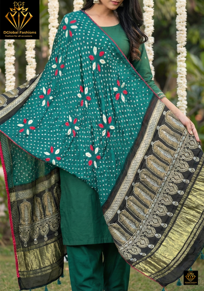 Bandhani with Hand Block Ajrakh (vegetable dye) Gajji Silk Dupatta