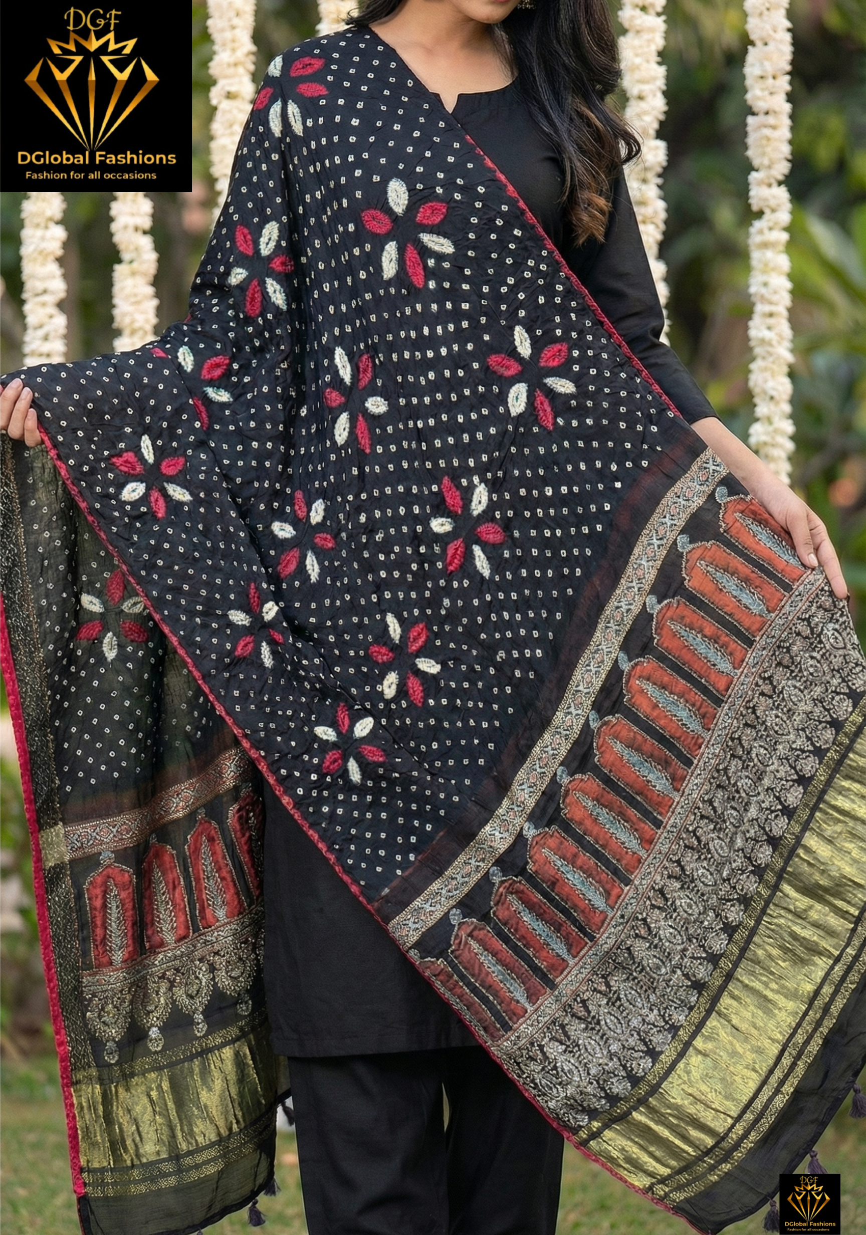 Bandhani with Hand Block Ajrakh (vegetable dye) Gajji Silk Dupatta