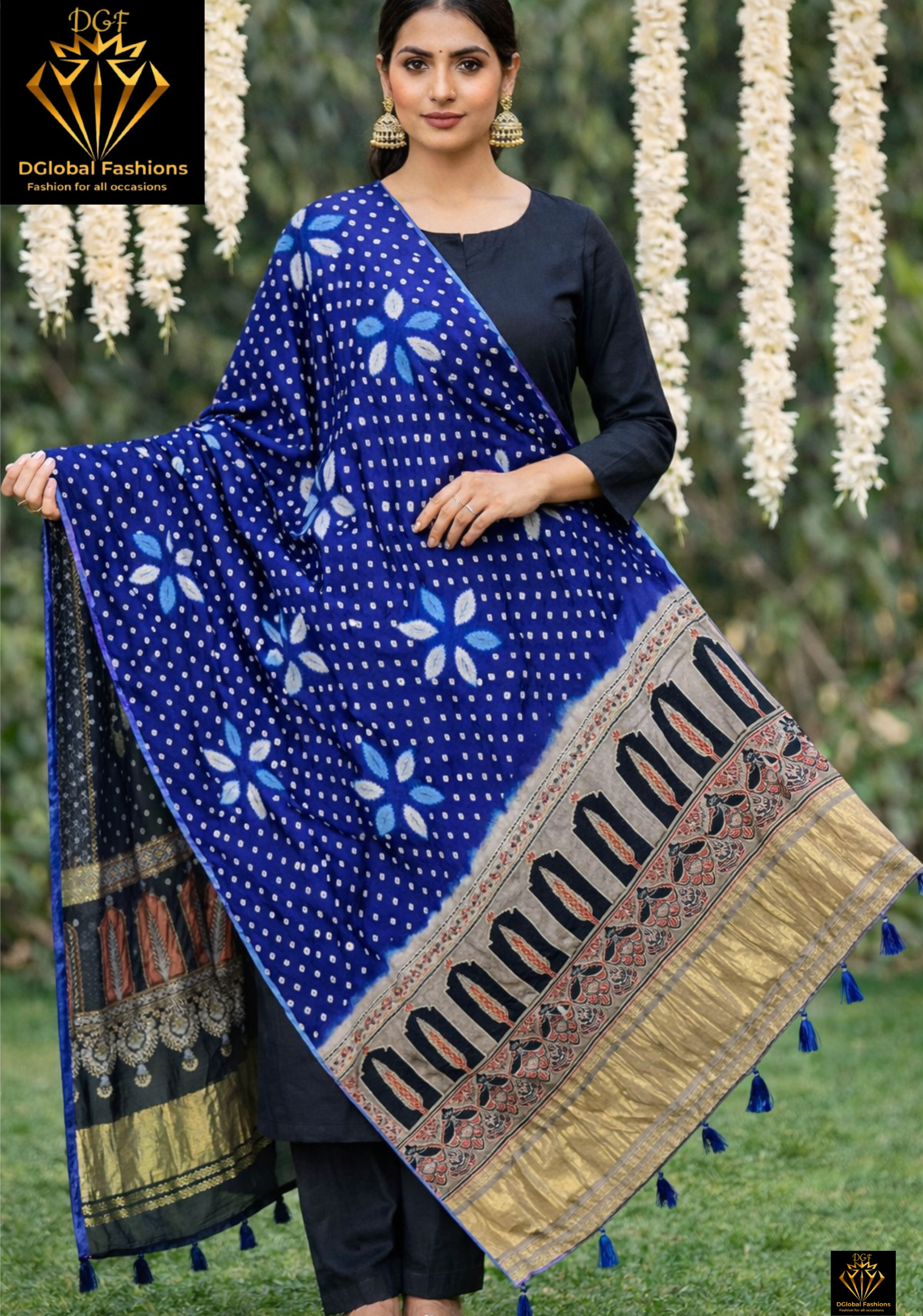 Bandhani with Hand Block Ajrakh (vegetable dye) Gajji Silk Dupatta