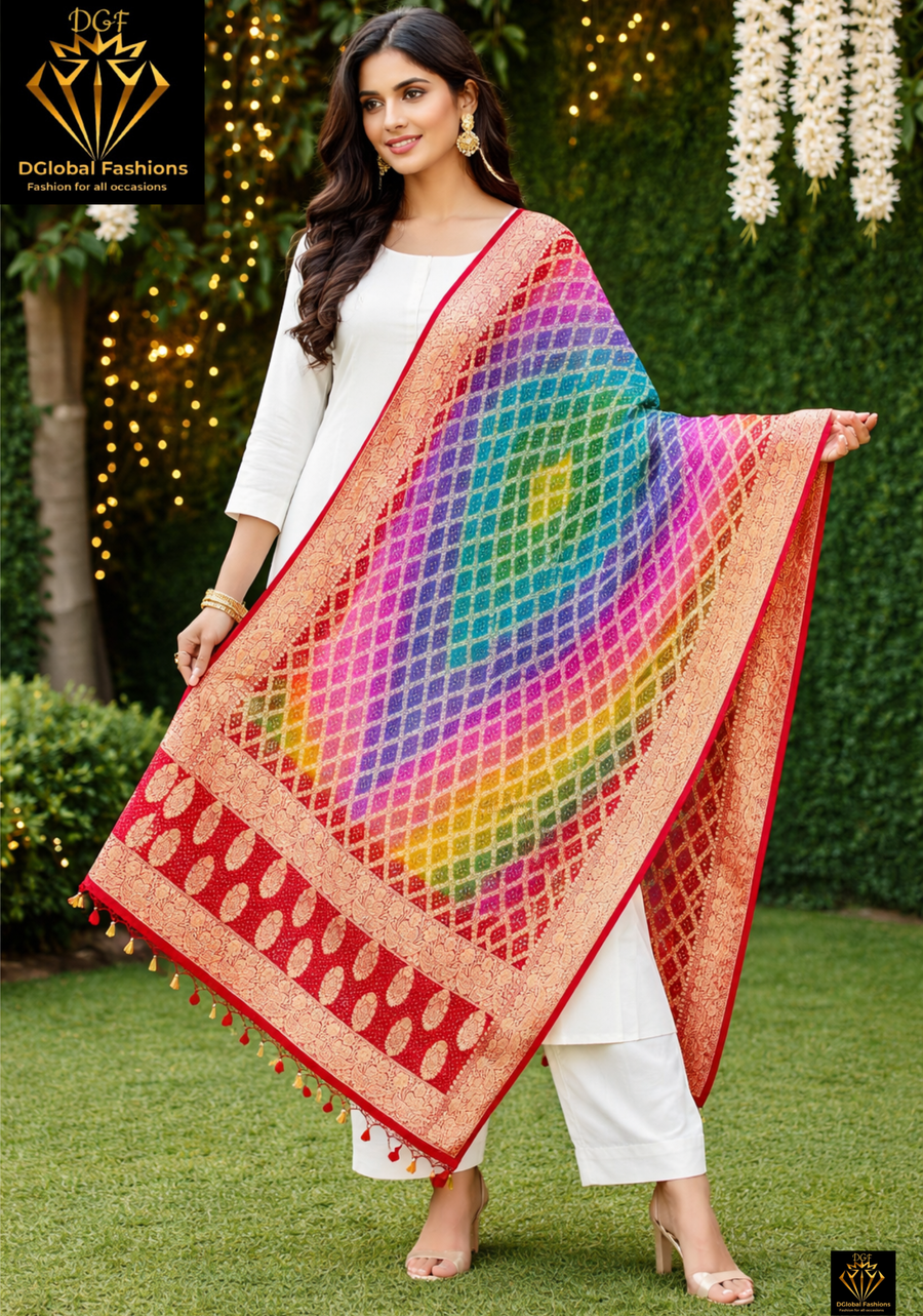 Multi Pure Georgette Banarasi Bandhej Handloom Dupatta