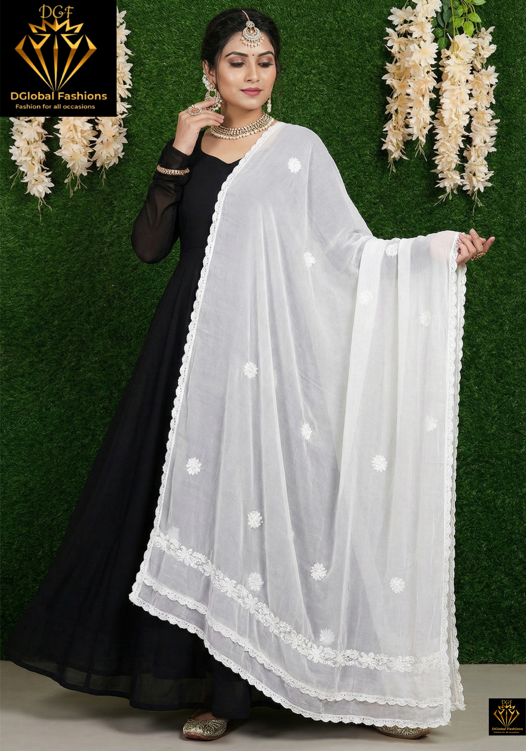 White Chiffon Lucknowi Chikankari Dupatta for Women