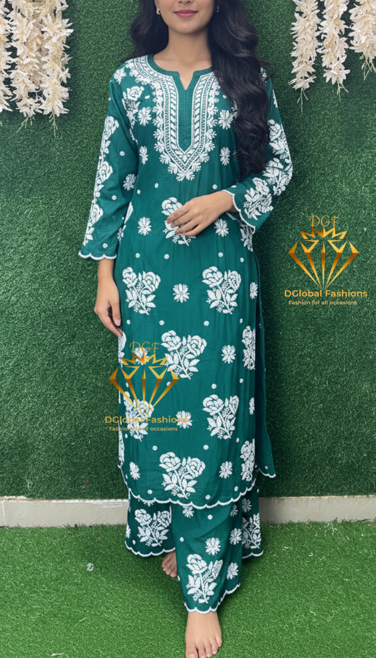 Stylish Crepe Lucknowi Chikankari Kurta Set with Scalloped Border