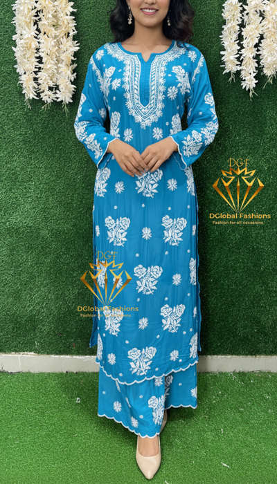 Stylish Crepe Lucknowi Chikankari Kurta Set with Scalloped Border