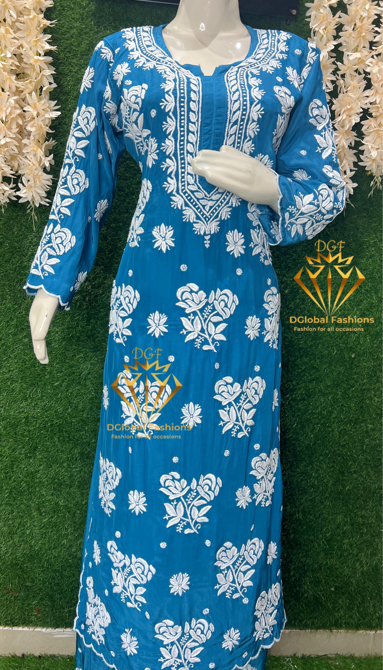 Stylish Crepe Lucknowi Chikankari Kurta Set with Scalloped Border