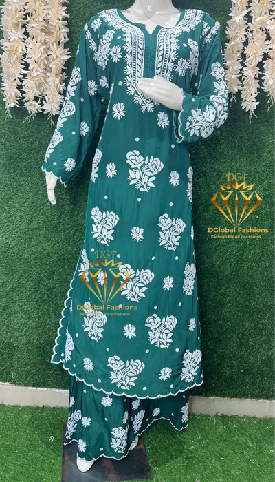 Stylish Crepe Lucknowi Chikankari Kurta Set with Scalloped Border