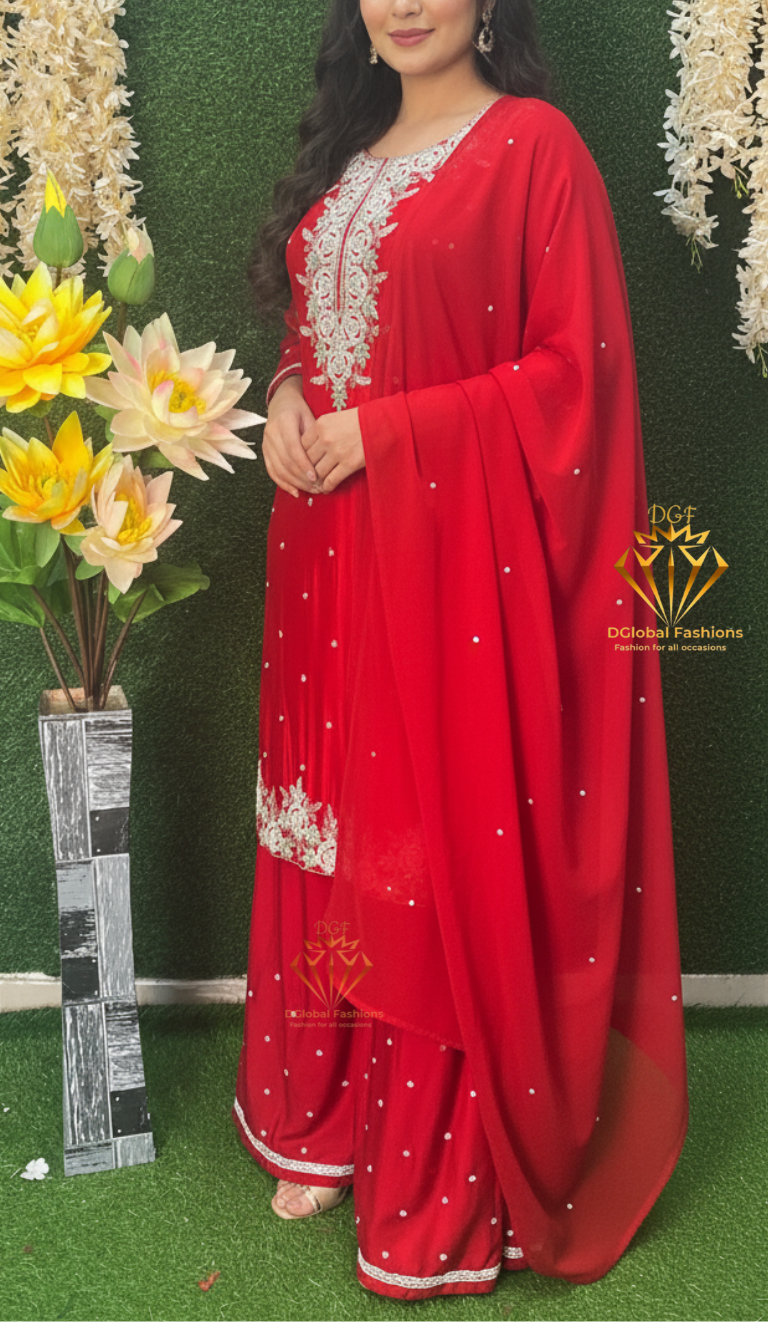 Red Handcrafted Crepe Palazzo Set with Zardozi & Cutdana Embroidery