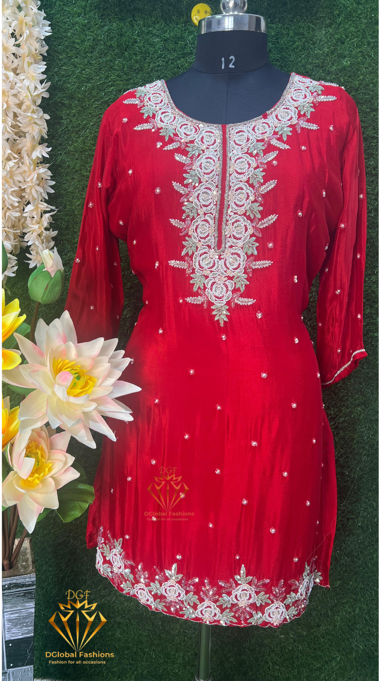 Red Handcrafted Crepe Palazzo Set with Zardozi & Cutdana Embroidery