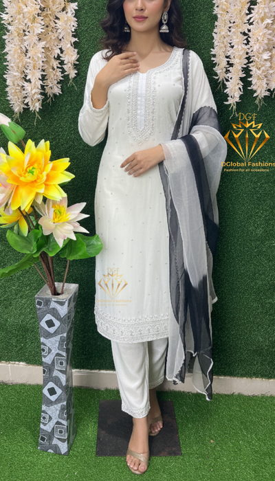 Off-White Straight Pant Suit with Pearl & Cutdana Embellished Kurta and Dupatta