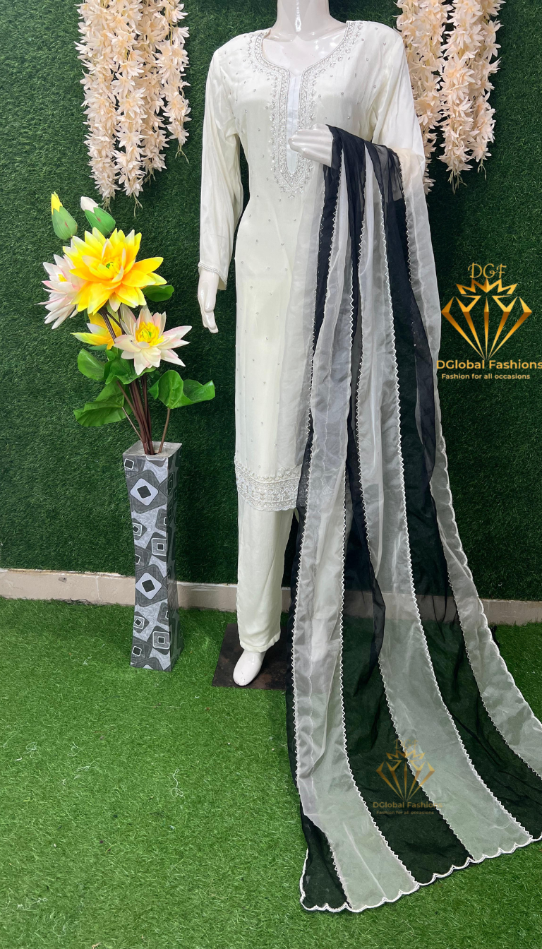 Off-White Straight Pant Suit with Pearl & Cutdana Embellished Kurta and Dupatta