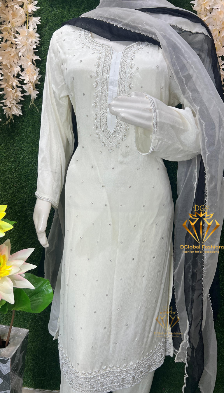 Off-White Straight Pant Suit with Pearl & Cutdana Embellished Kurta and Dupatta