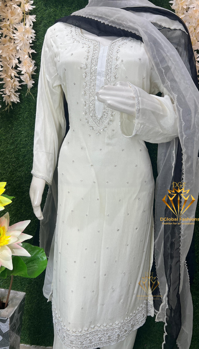 Off-White Straight Pant Suit with Pearl & Cutdana Embellished Kurta and Dupatta