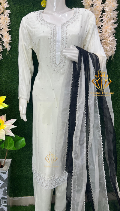 Off-White Straight Pant Suit with Pearl & Cutdana Embellished Kurta and Dupatta
