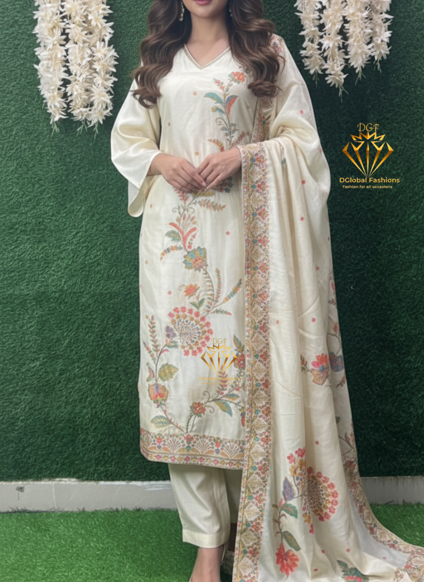 Banarsi weaved & digital floral print with subtle cutdana work all over