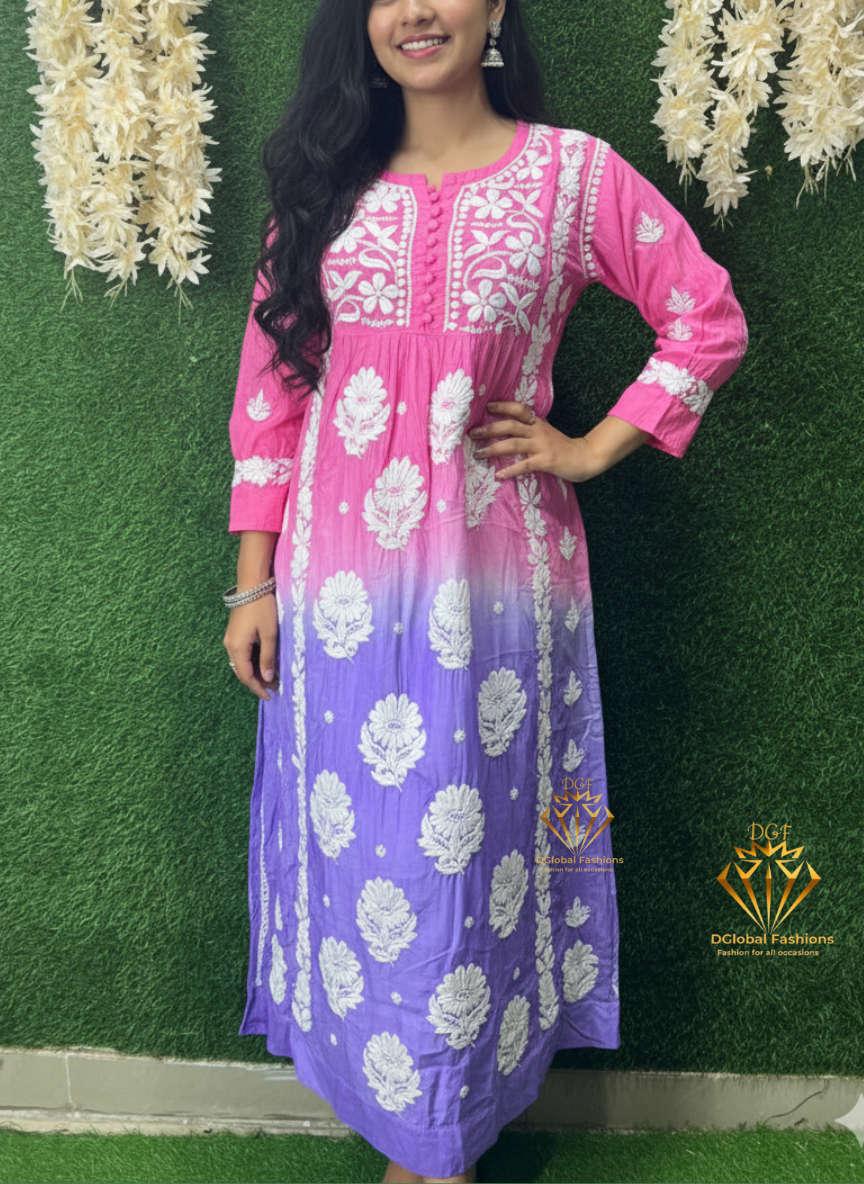 Nayra Ombre Kurti with 3D Handwork & Chikankari Embroidery